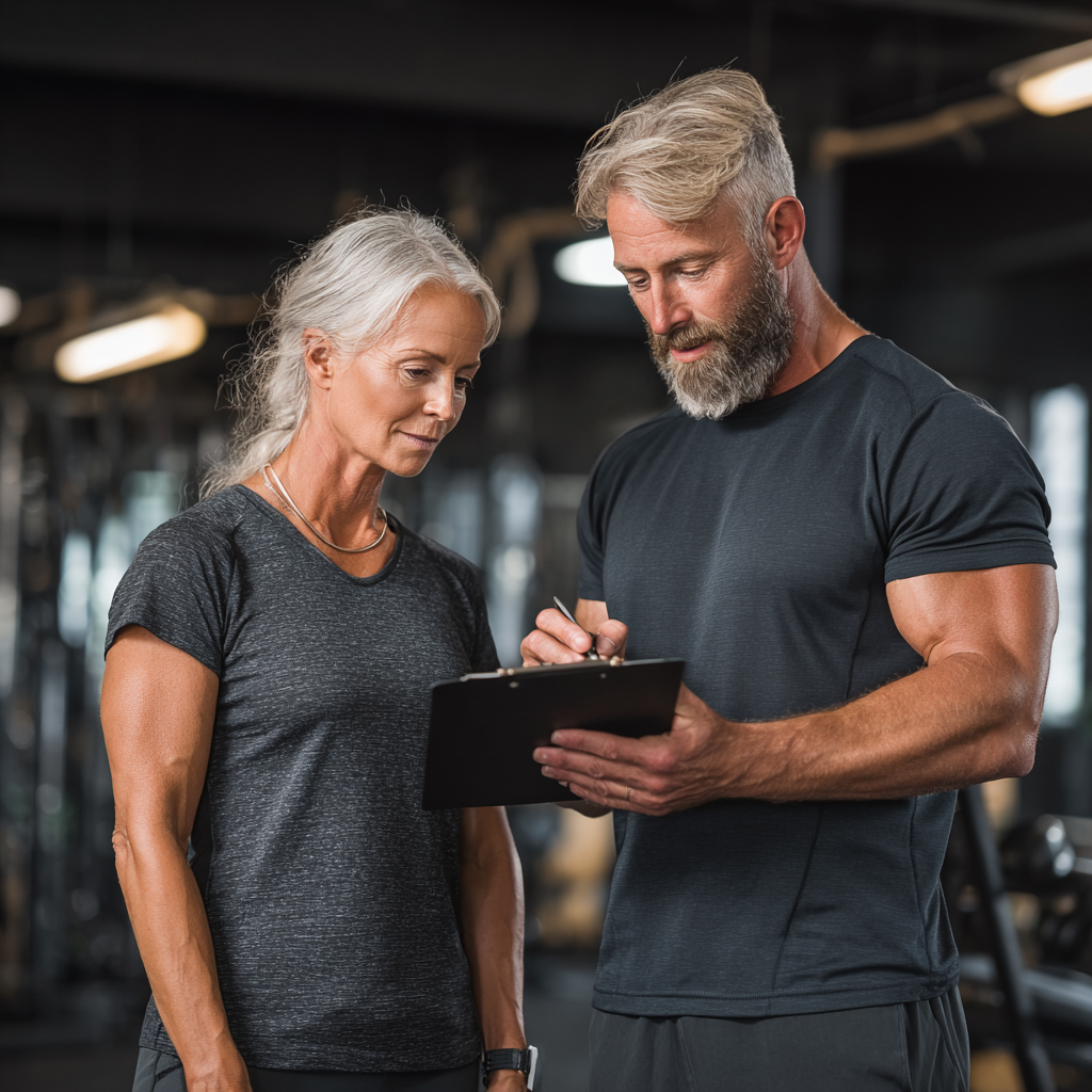 Experienced fitness coach consulting with mature adult about workout plans in professional gym environment